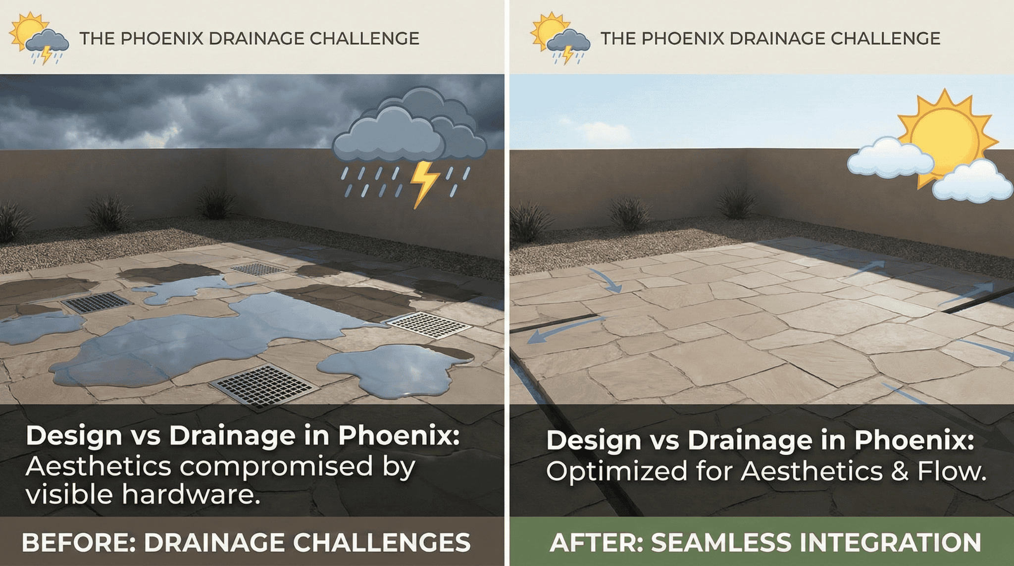 Side-by-side graphic showing a flooded patio with visible drains versus a dry patio with integrated drainage after renovation.