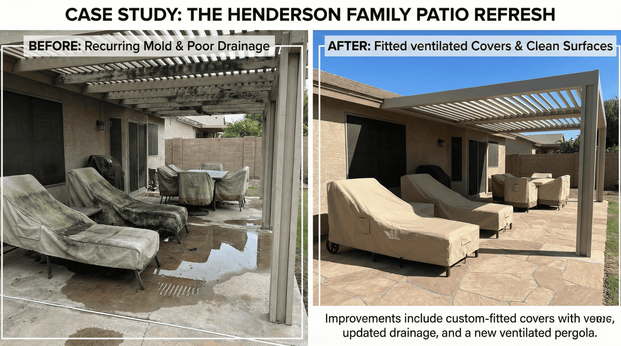 Before-and-after photos showing moldy patio furniture versus clean setup with custom covers and pergola.