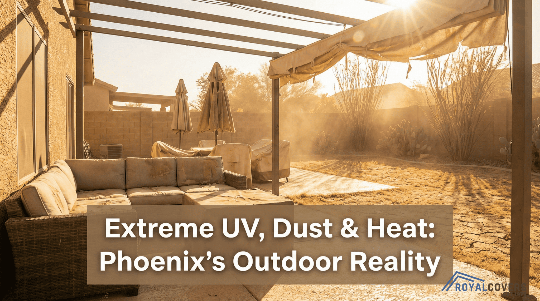 Dusty Phoenix backyard with intense sun and visibly worn patio furniture covers.