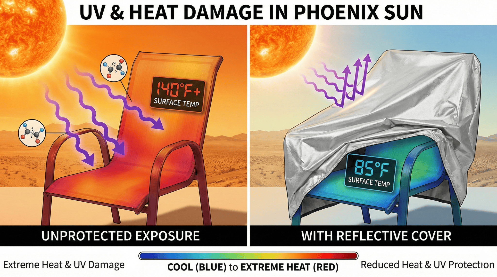 Heatmap and UV breakdown illustration of patio furniture in extreme Phoenix sun with and without cover.