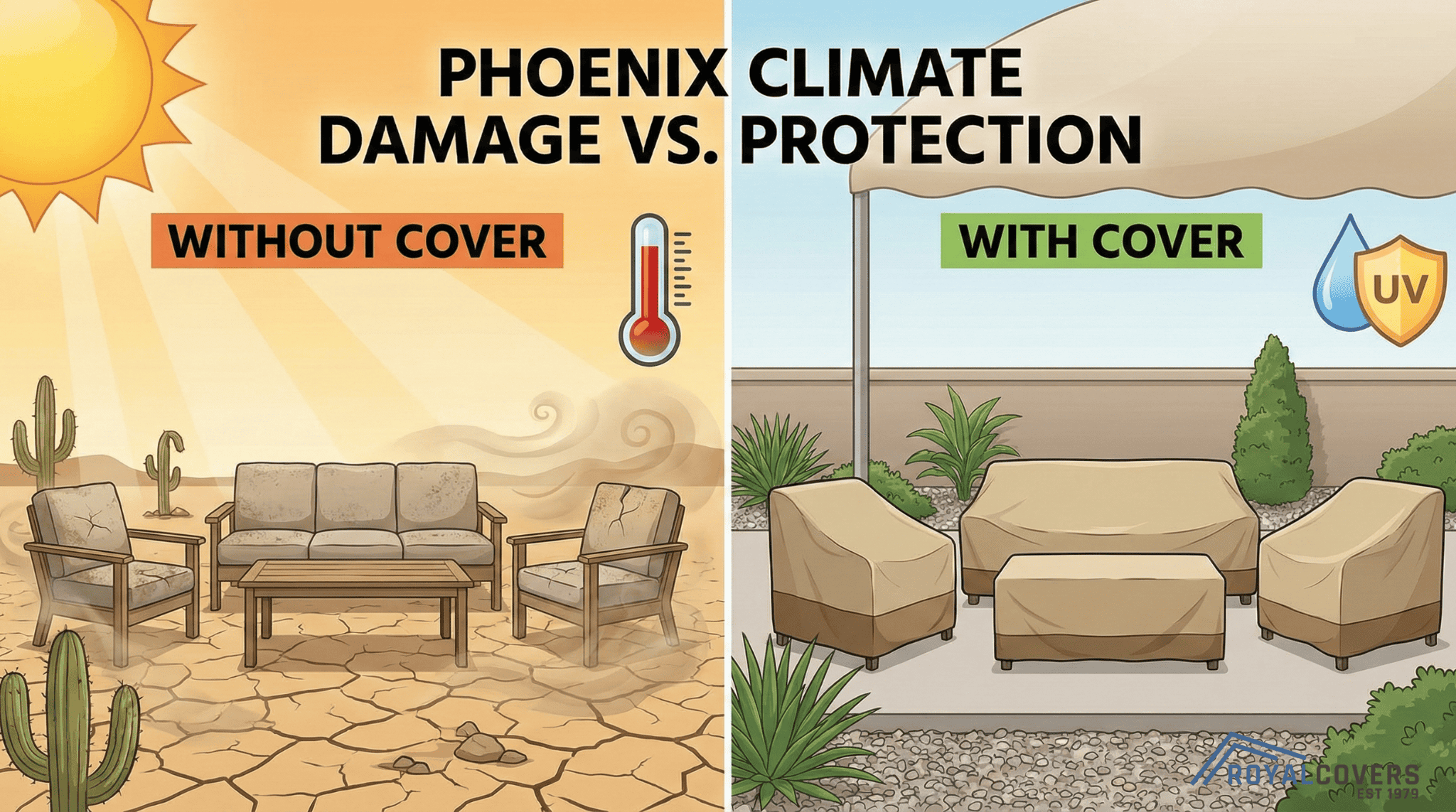 Split image of outdoor furniture exposed to desert sun and dust versus protected under patio covers.