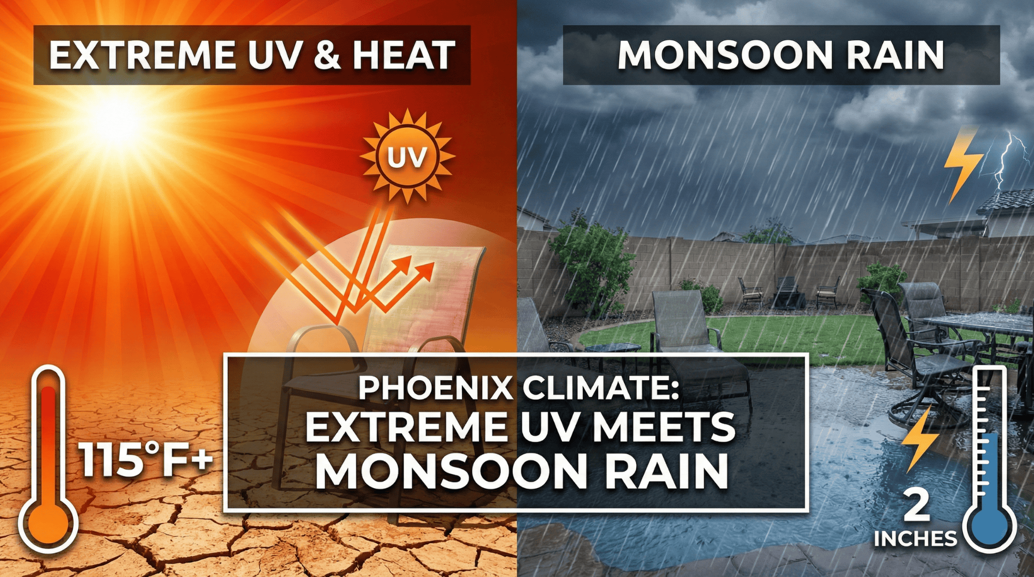 Split image of intense sun and monsoon rain hitting patio furniture in Phoenix.