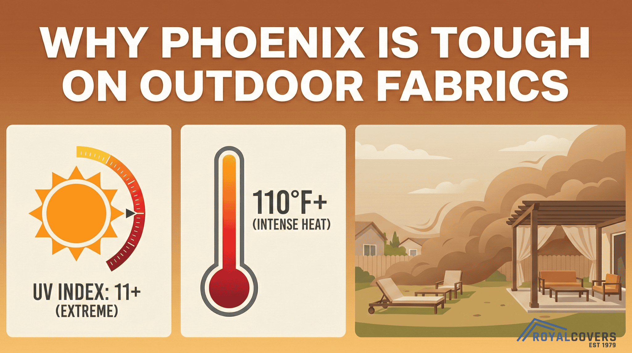 Infographic showing extreme sun, heat, and dust conditions that affect outdoor furniture in Phoenix.