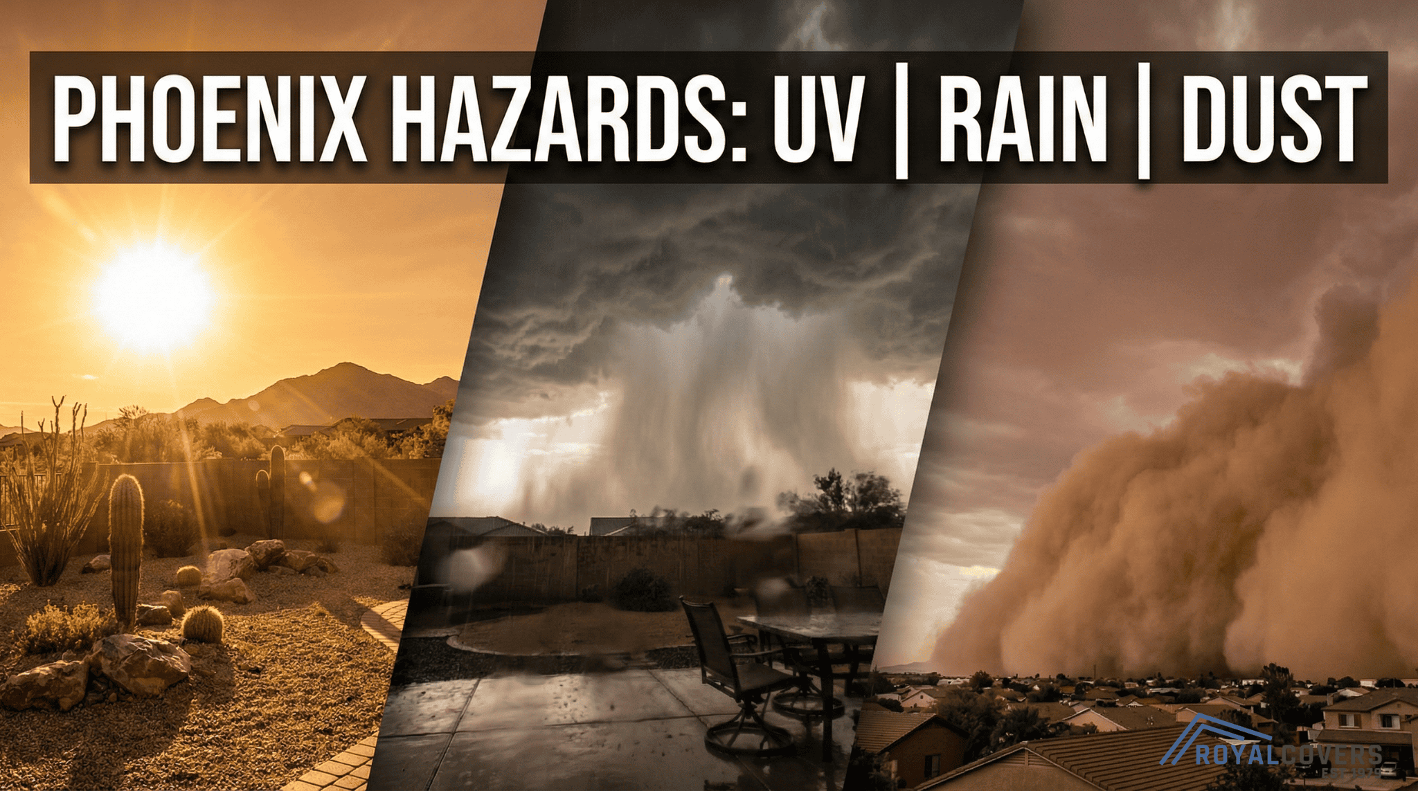 Composite image of Phoenix sun, heavy rain, and dust storms representing climate challenges for patio covers.