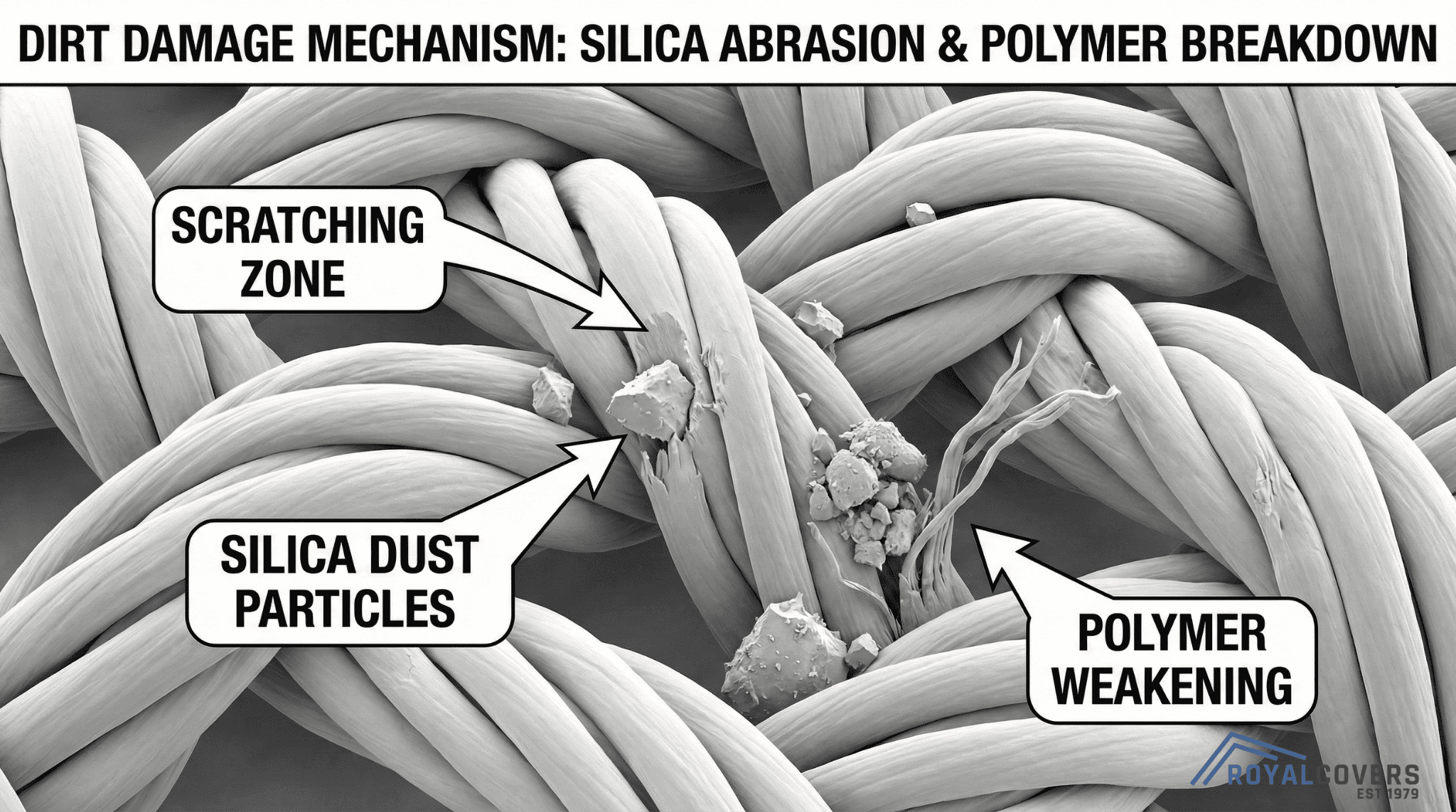 Close-up visual of silica particles damaging synthetic patio cover fibers.
