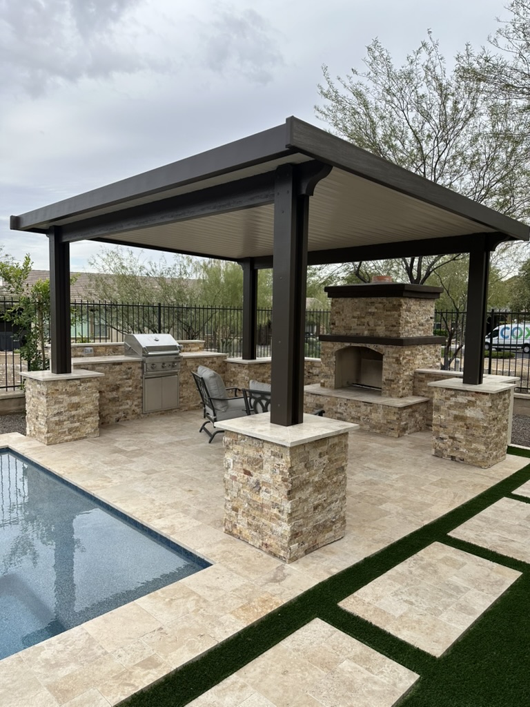 Brown Alumawood Shade Structure Over Outdoor Grill and Fireplace