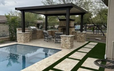 Brown Alumawood Shade Structure Over Outdoor Grill and Fireplace