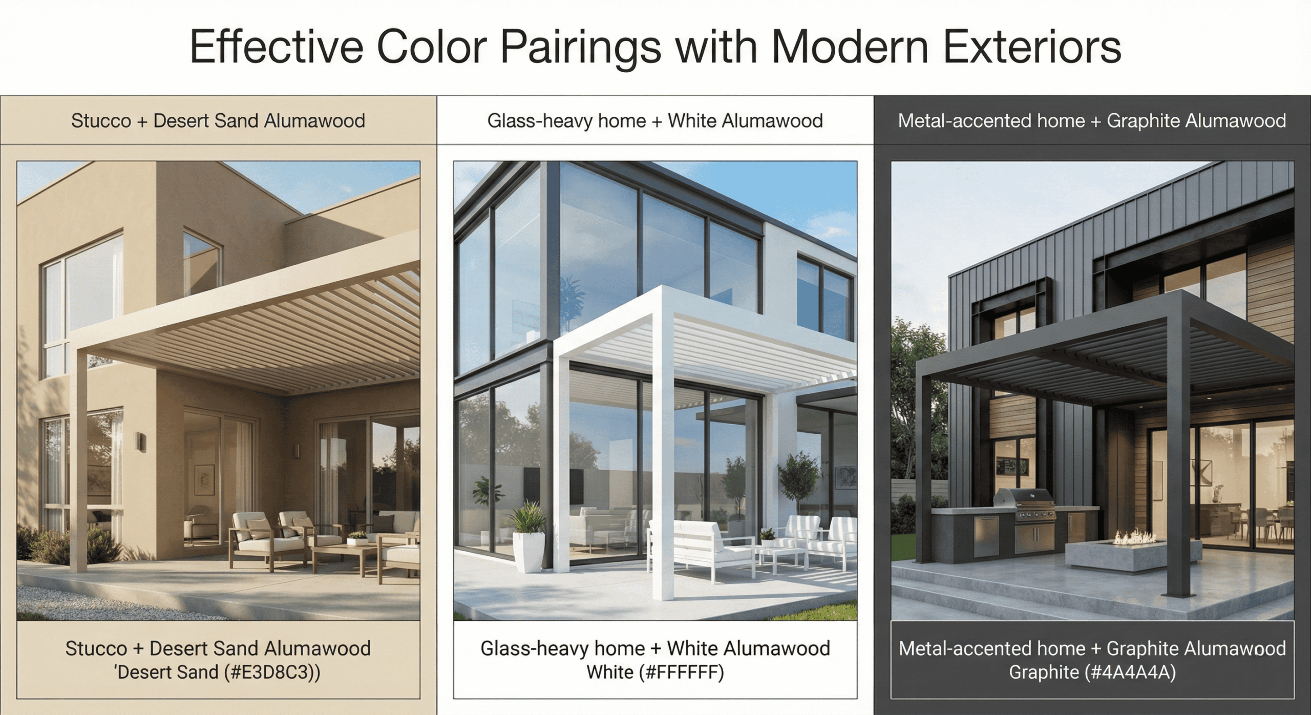 Alumawood patio cover color pairings shown with stucco, glass, and metal home exteriors.