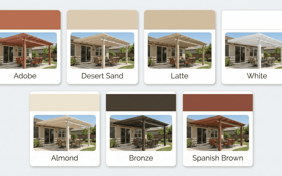 Grid display of seven Alumawood patio cover colors with small real-life installation examples.