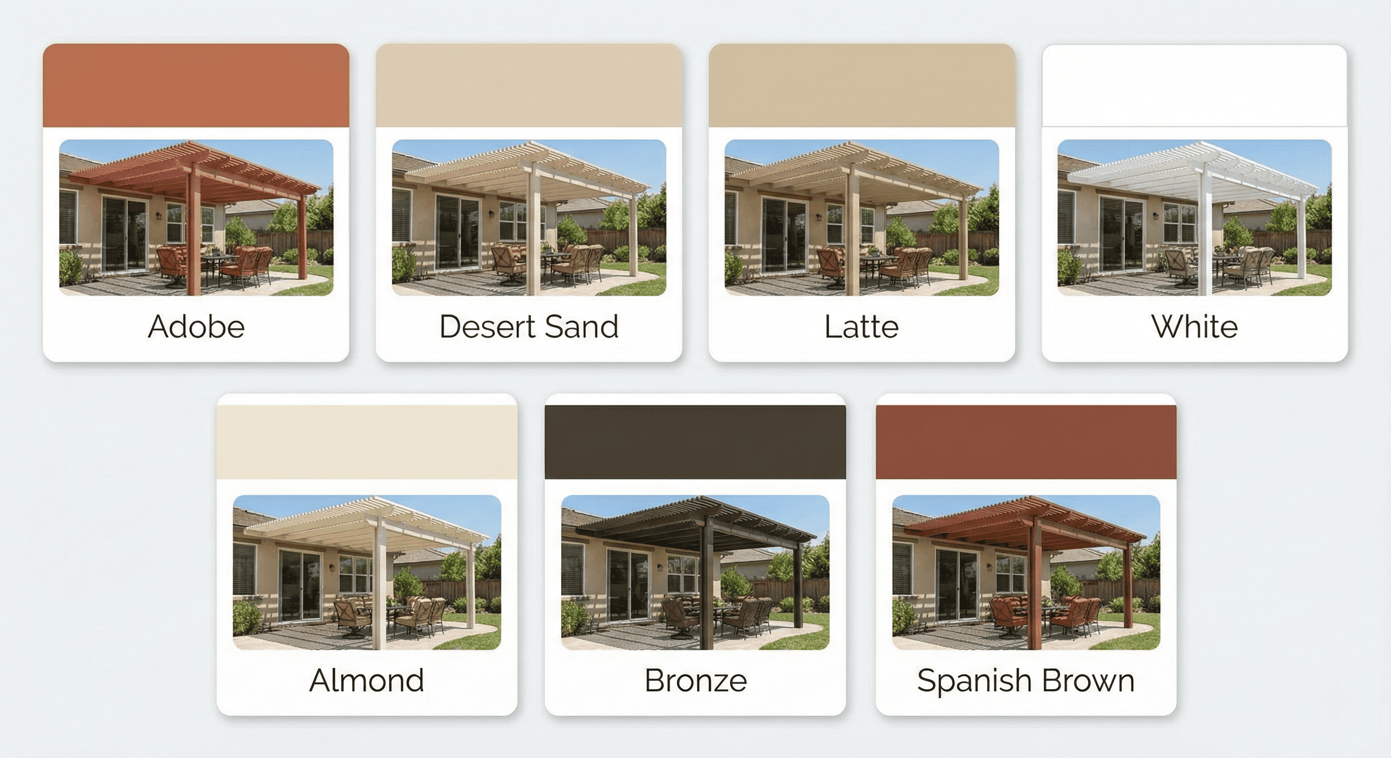 Grid display of seven Alumawood patio cover colors with small real-life installation examples.