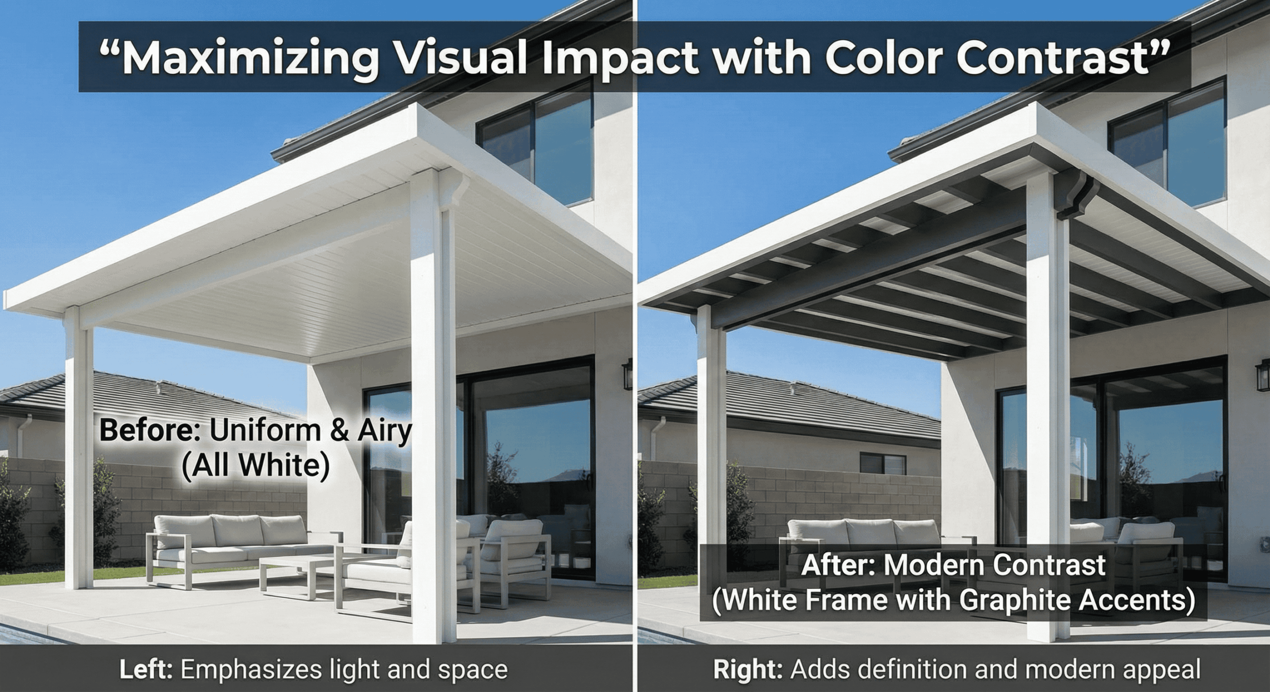 Side-by-side example of light-only and light-dark mixed Alumawood patio covers.