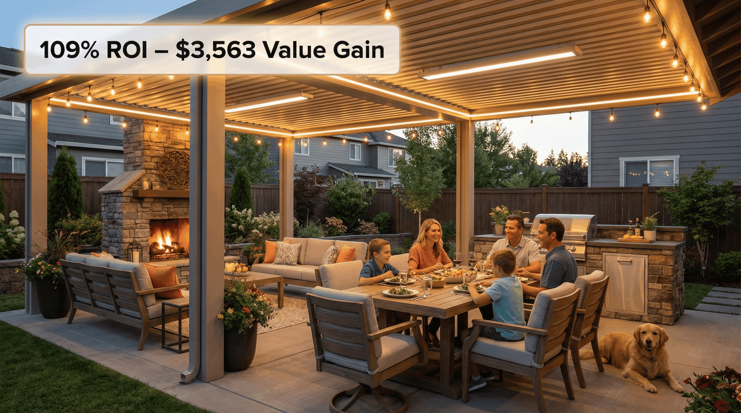 Real-life Alumawood patio cover installation with furniture and ROI data overlay showing value increase.