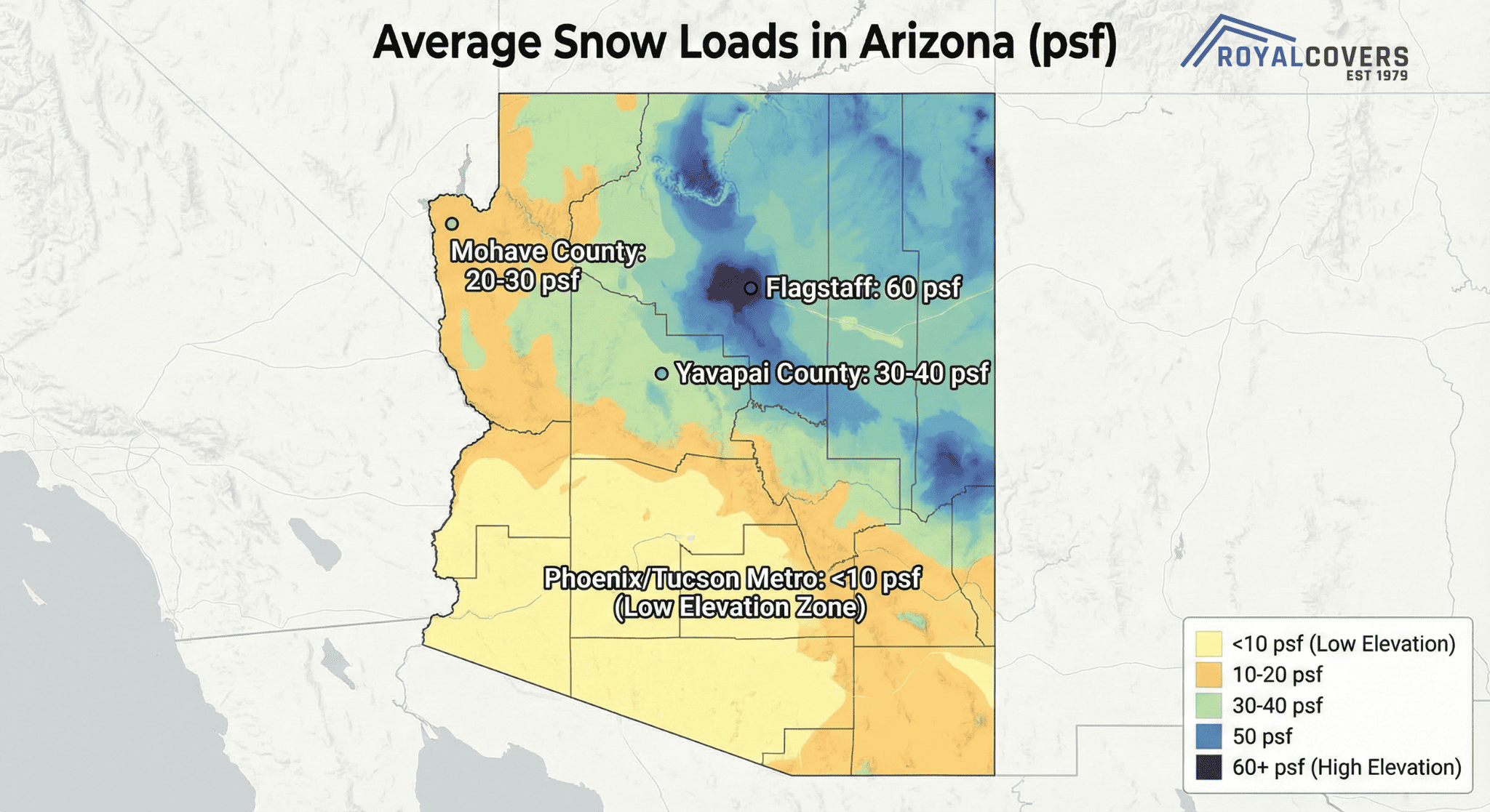 Arizona elevation map showing snow load zones by region for Alumawood patio cover engineering.