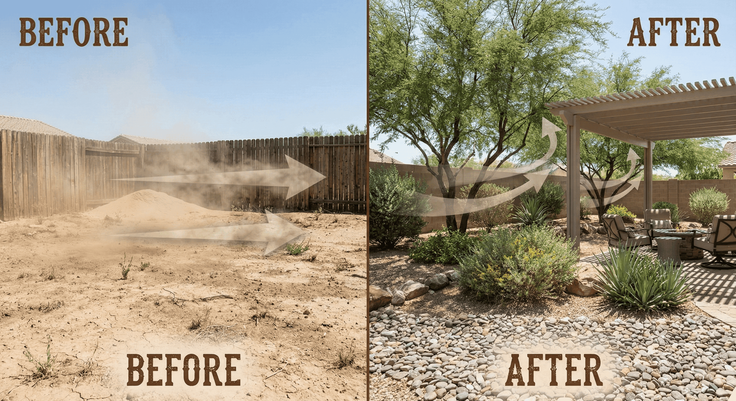 Before-and-after image showing how landscaping with desert plants reduces dust around a patio cover