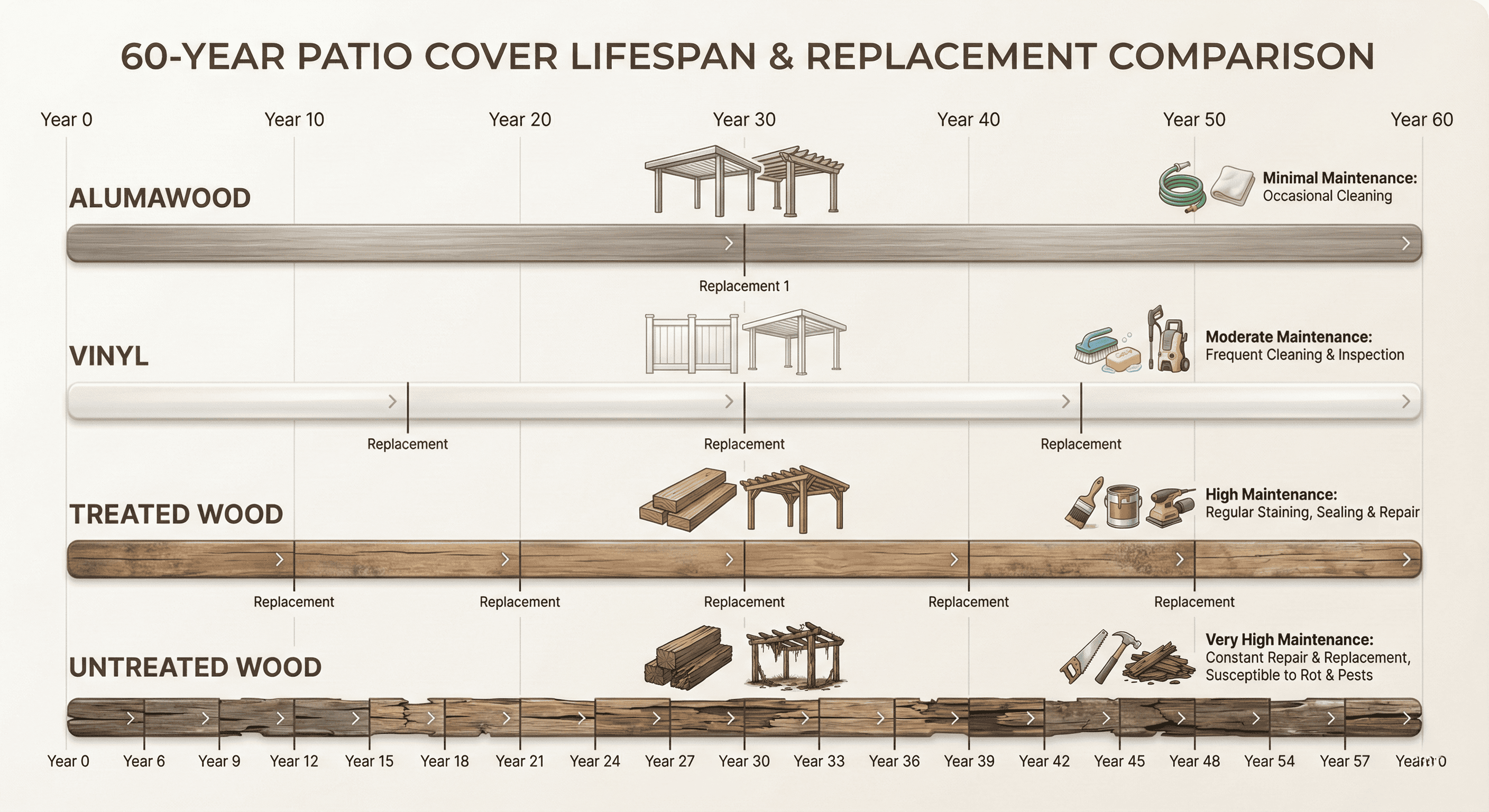 Visual timeline showing Alumawood’s longer lifespan and fewer replacements compared to wood and vinyl.
