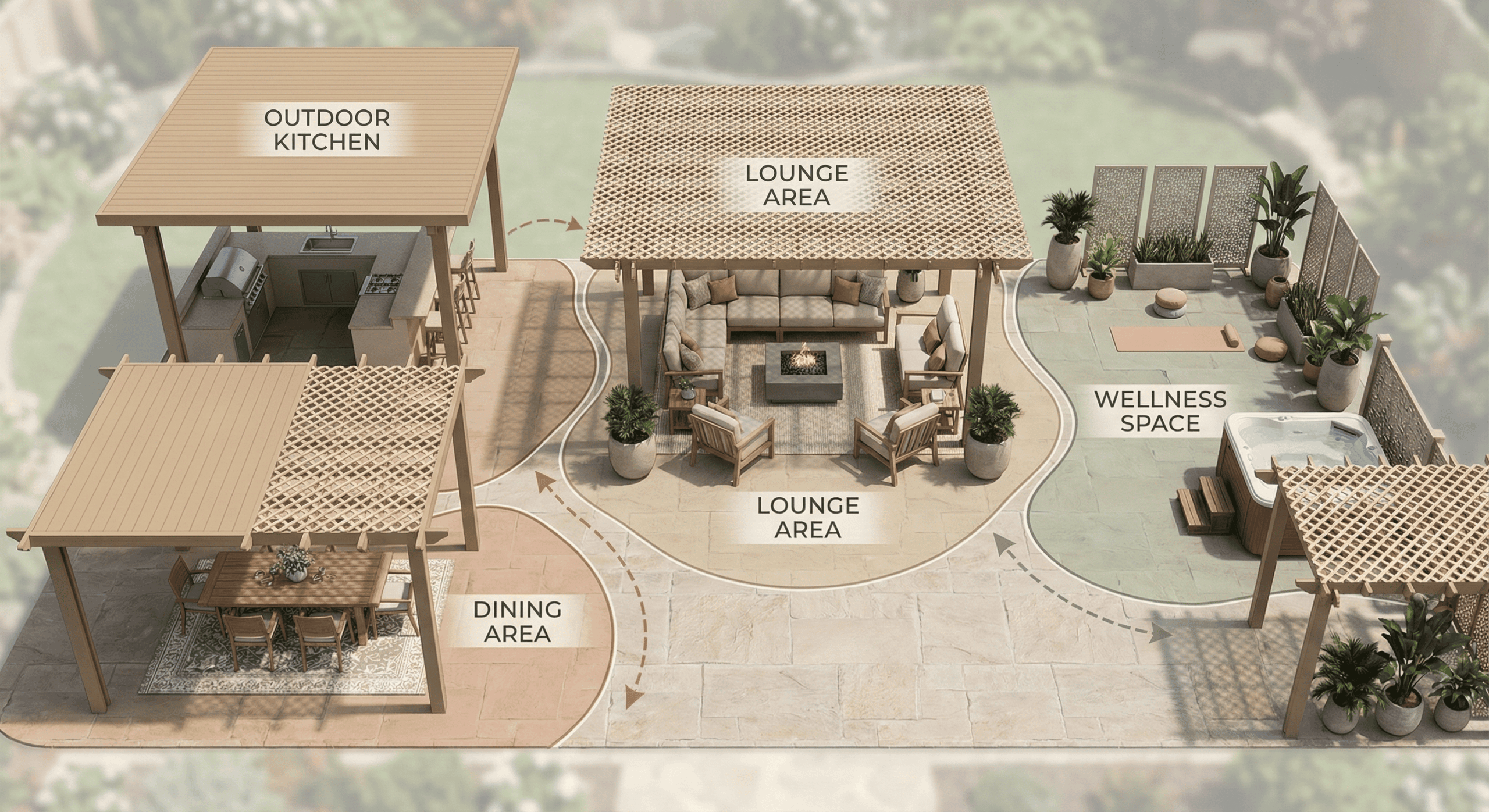 3D layout showing multiple functional zones in a covered Alumawood patio.
