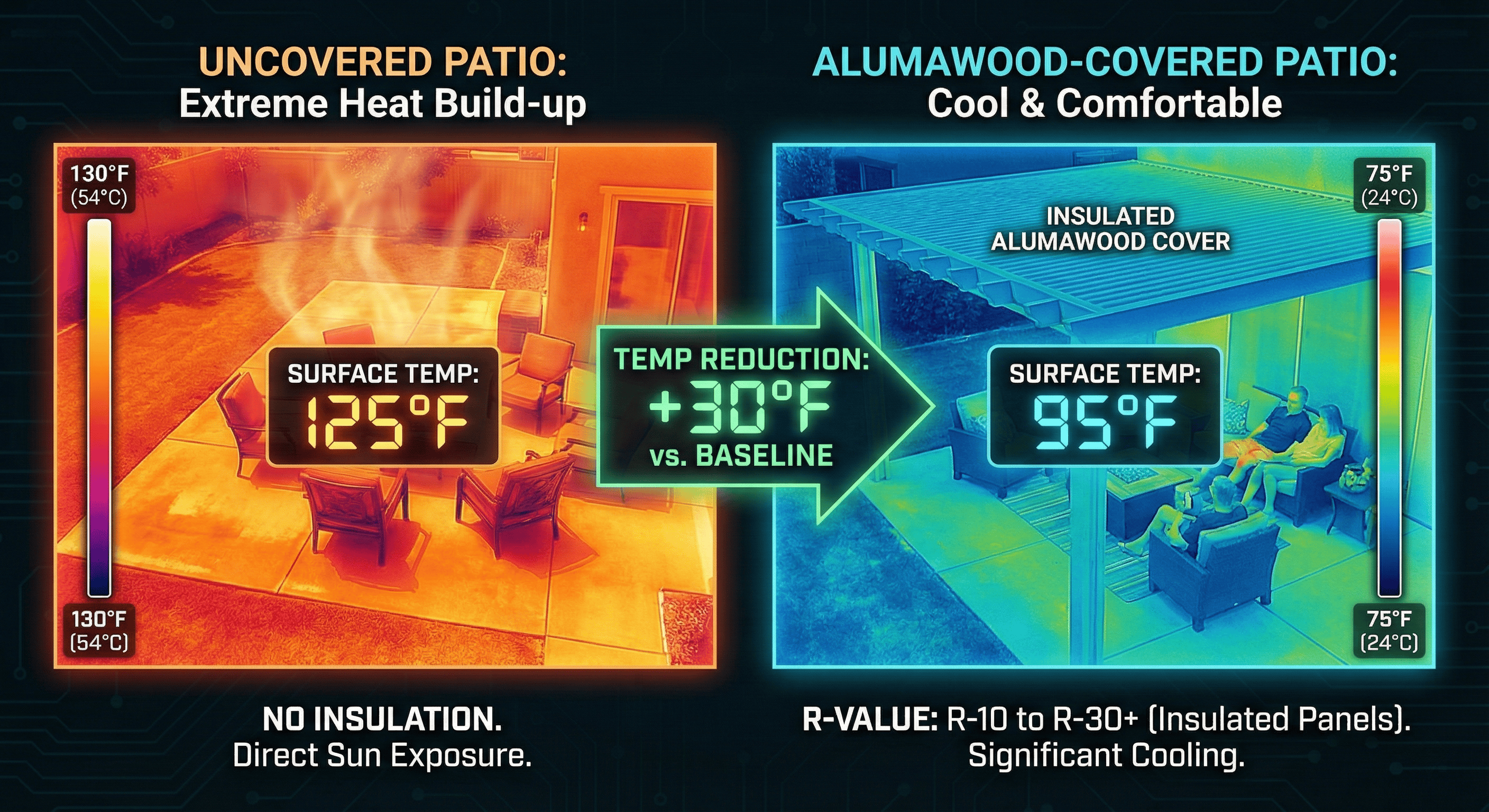 Thermal image comparing heat under an uncovered patio versus an Alumawood-covered patio.