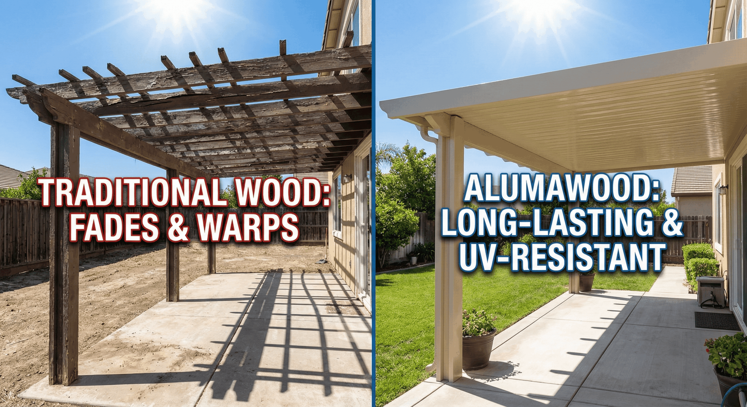 Visual comparison of weathered wood versus durable Alumawood under intense sun.