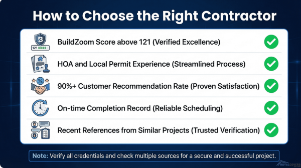 Checklist image showing key criteria for selecting a reliable Alumawood installation contractor.