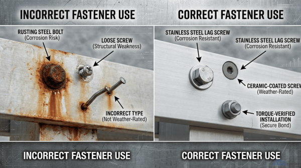 Side-by-side image comparing incorrect and correct fastener use in Alumawood patio cover installations.
