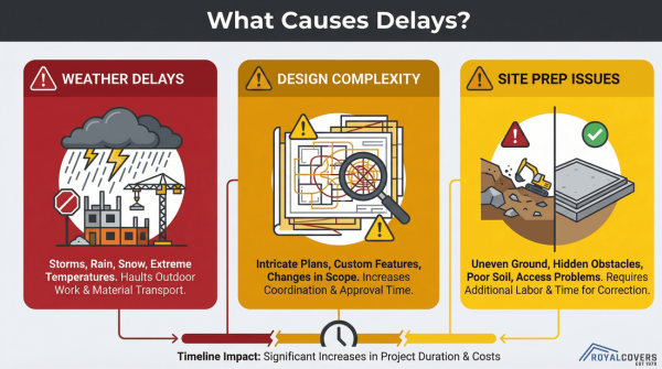 Infographic showing weather, design complexity, and site prep as common causes of Alumawood installation delays.