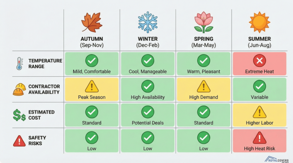 Infographic table comparing pros and cons of installing Alumawood covers in spring, summer, fall, and winter.