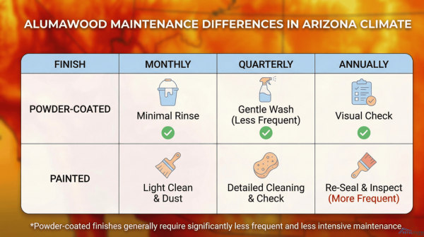 Comparison chart showing maintenance frequency and care steps for powder-coated and painted Alumawood.