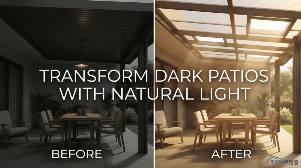 Split view showing a dark Alumawood patio versus one brightened with skylights and inserts.
