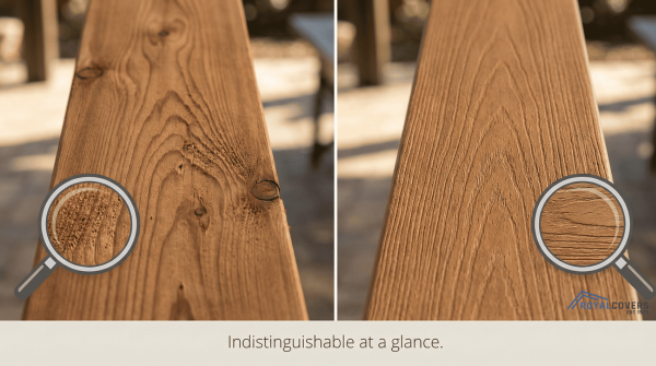 Close-up comparison of real wood grain and Alumawood’s embossed grain texture.