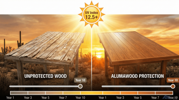 Visual showing the difference in sun damage between traditional wood and Alumawood over time in Arizona.