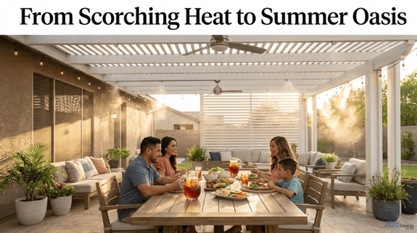 Family enjoying a shaded patio under Alumawood cover in Arizona summer.