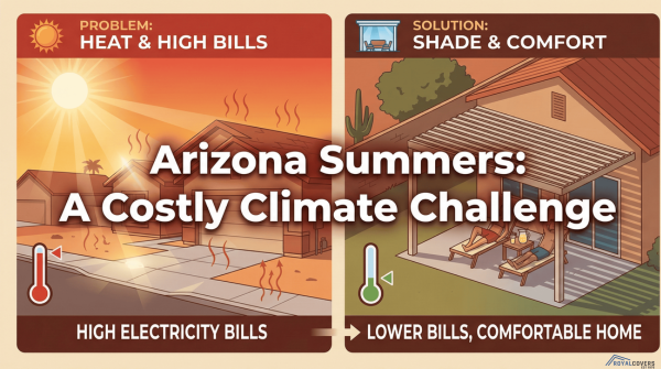 Arizona neighborhood under extreme sun next to a shaded home with lower energy use.