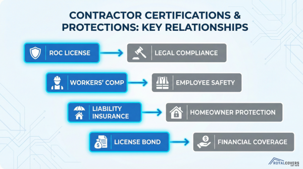 Infographic explaining required contractor licenses and insurance for Alumawood installation in Arizona.