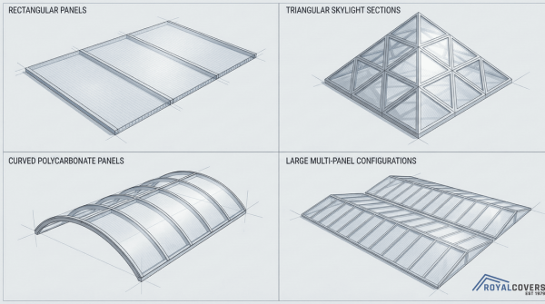 Visual showcase of various custom skylight and insert shapes for Alumawood structures.