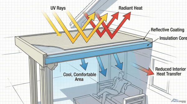 Diagram of an Alumawood patio cover deflecting heat and UV rays to cool a home's interior.