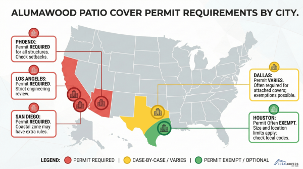 Color-coded map showing permit requirements for Alumawood patio covers across major U.S. cities.