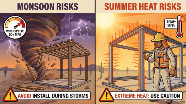 Illustration of storm and heat-related installation hazards for Alumawood patio covers in Phoenix.