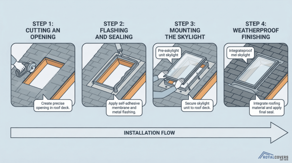 Step-by-step diagram of the skylight or polycarbonate panel installation process in Alumawood patio covers.