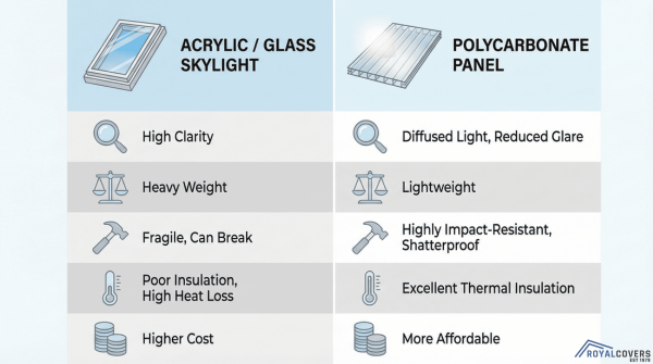 Illustrated comparison of skylight and polycarbonate panel benefits and trade-offs.