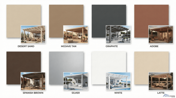 Visual grid showing Alumawood color options with mini patio mockups in each finish.