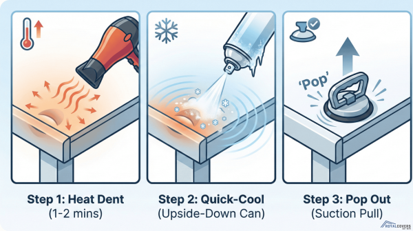 Three-step diagram showing how to remove small dents from Alumawood using heat, cooling, and a suction puller.