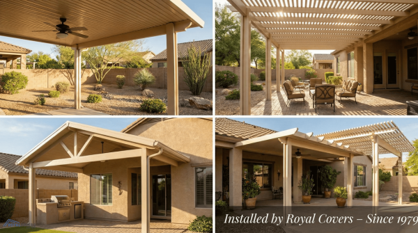 Photos showing various Alumawood patio cover styles installed on different homes in Arizona.