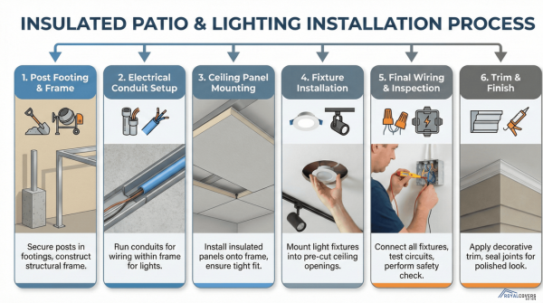 Step-by-step infographic showing installation of insulated ceiling and lighting in Alumawood patio cover