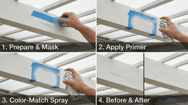 Checklist-style image showing gutter cleaning, plant trimming, and washing patio cover with a long-handled brush.