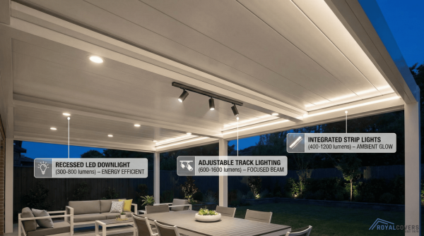 Recessed and strip LED lighting options built into an Alumawood insulated ceiling with labeled callouts