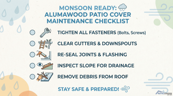 Infographic checklist for maintaining Alumawood patio covers during monsoon season.