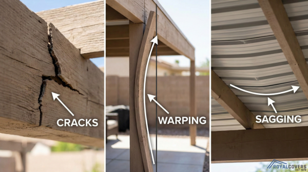 Cracked, warped, and sagging components of an aging Alumawood patio cover labeled with arrows.