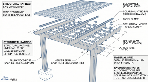 Diagram of an Alumawood patio cover showing structural components and solar panel mounting points.