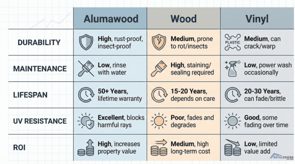 Infographic comparing Alumawood, wood, and vinyl patio covers across lifespan, maintenance, and weather resistance.