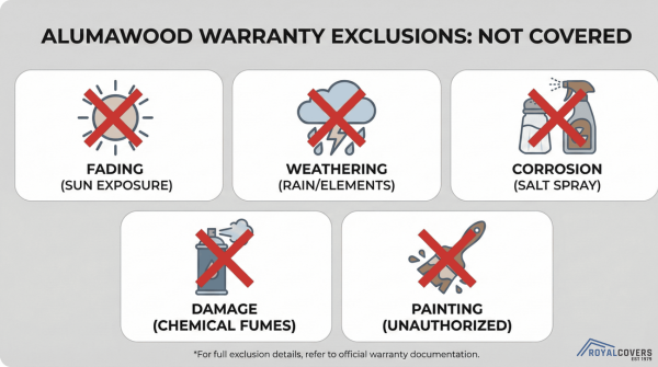 Graphic showing types of damage not covered under Alumawood’s warranty, like weathering and painting.